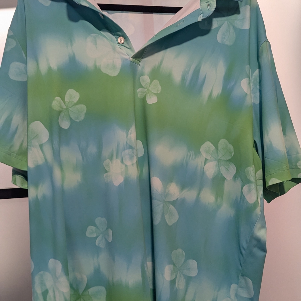 Blue and Green Tie-Dye Shirt with Clover Pattern, Sunday Swagger